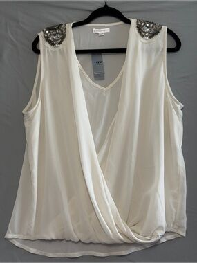 Warehouse One Womens Sheer Sleeveless Blouse Size XL Cream Beaded Shoulder READ